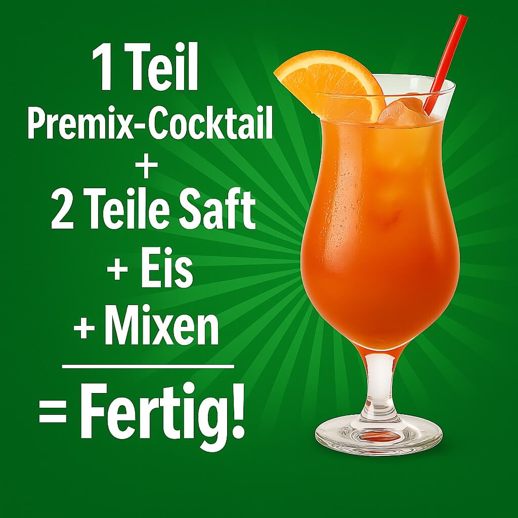 1 Teil Premix-Cocktail + 2 Teile Saft + Eis + Mixen = Fertig!