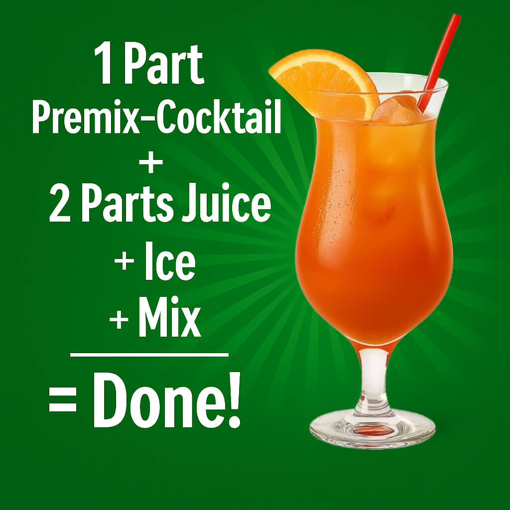 1 part premix cocktail + 2 parts juice + ice + mix = ready!